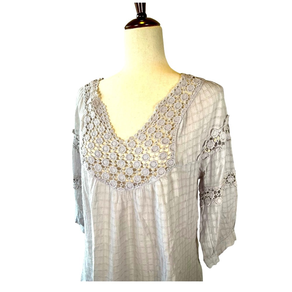 Mollo Rello Boho Peasant Crochet Lavender/Gray V-Neck Tunic/ Dress //Size Medium - Picture 3 of 8